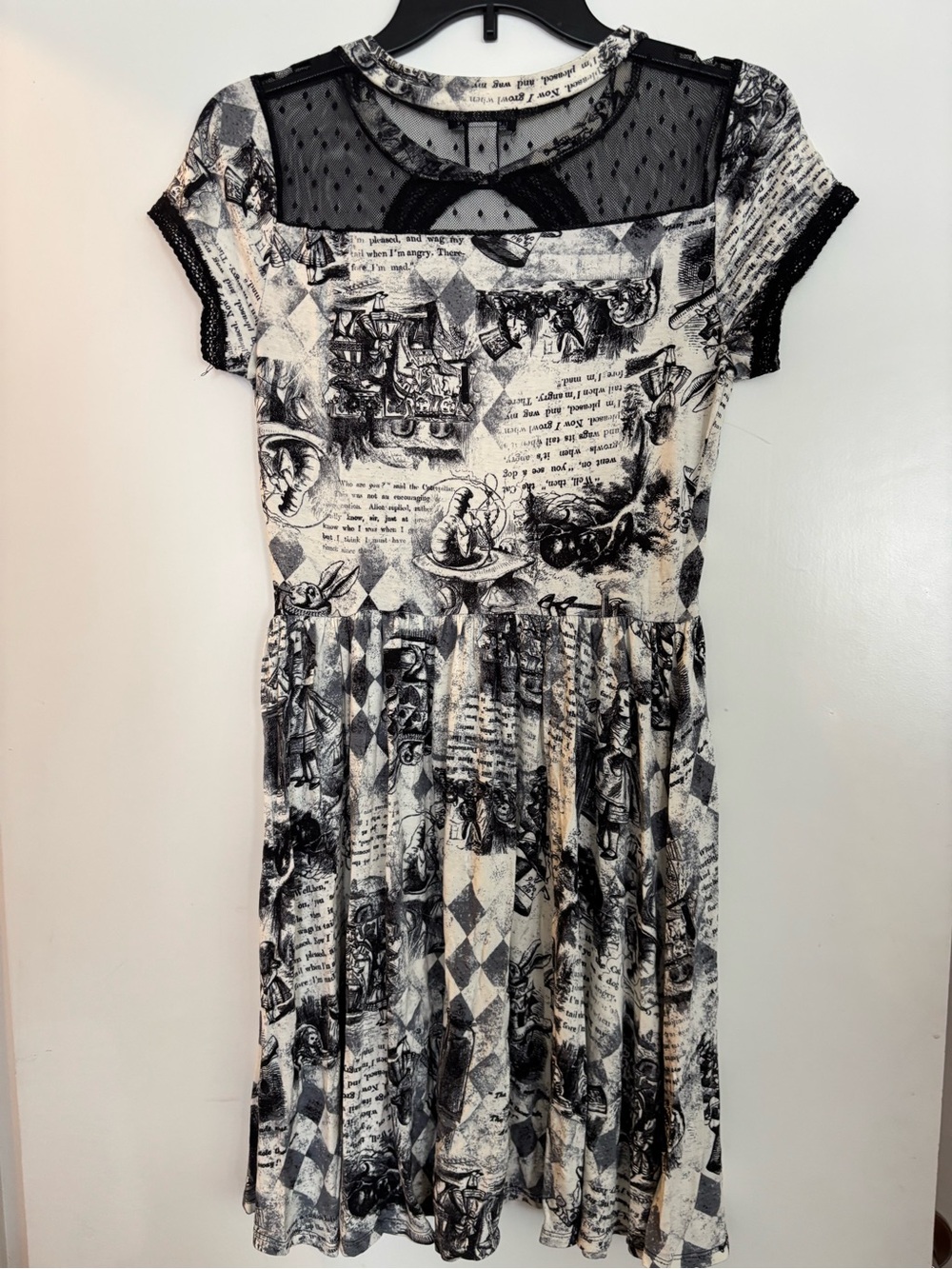 Hot Topic Black & Cream Alice in Wonderland Gothic Print Mesh Yoke Mini Dress